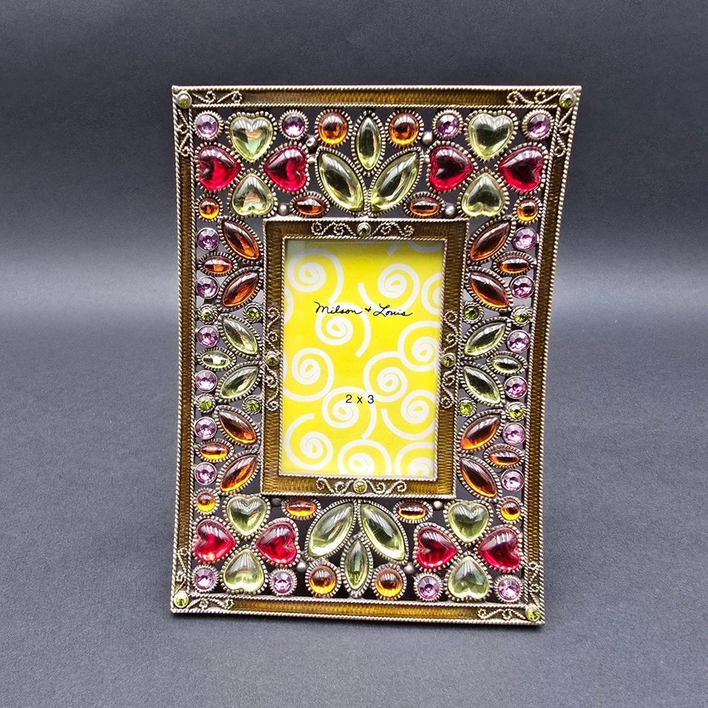Milson & Louis Jeweled Picture Frame 2x3 Multi-Color Crystal Heart Bronze Metal